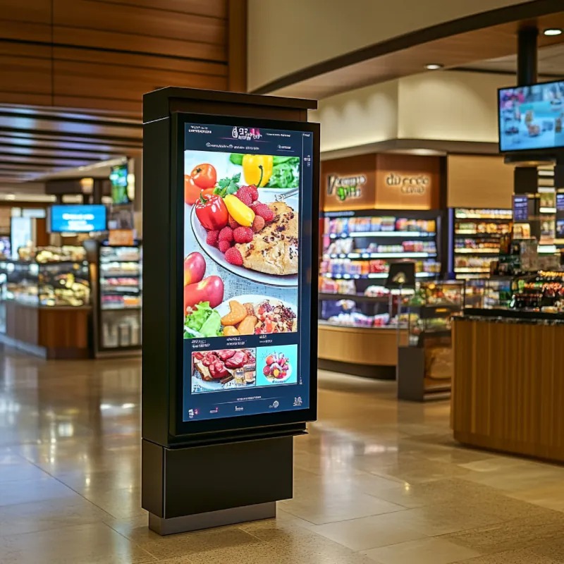Painel digital estratégico posicionado no ponto de venda, apresentando ofertas dinâmicas e sugestões de produtos complementares baseadas em dados.