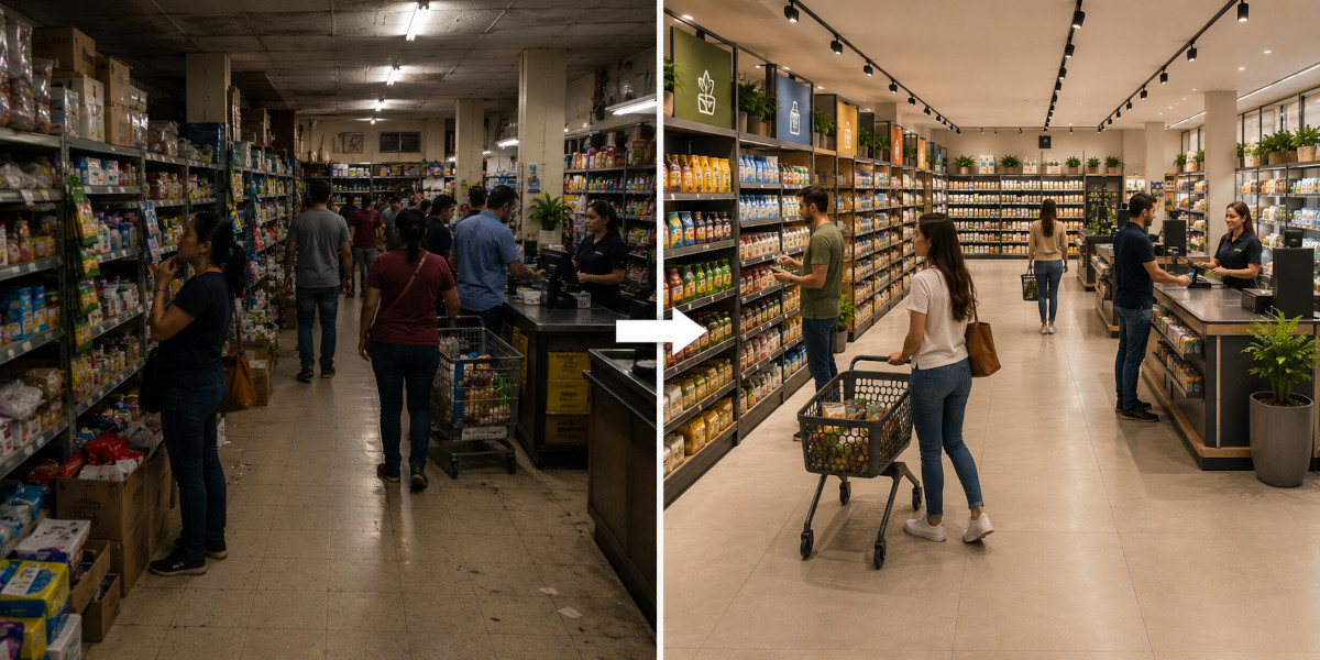 Comparação entre uma loja desorganizada e outra bem planejada, mostrando como layout, iluminação e circulação influenciam a satisfação do cliente.