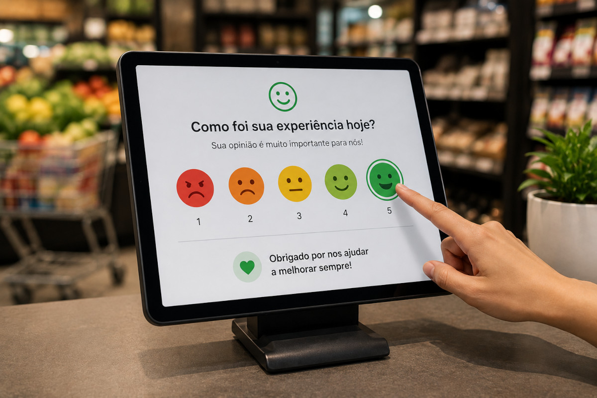 Tablet no caixa de uma loja exibindo uma pesquisa de CSAT com escala de satisfação de 1 a 5, utilizada para avaliar a experiência de compra do cliente no varejo físico.