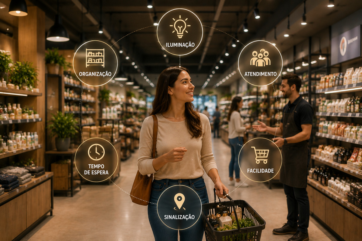Cliente em uma loja moderna cercado por elementos que influenciam a experiência de compra, como iluminação, organização, atendimento, facilidade, tempo de espera e sinalização.