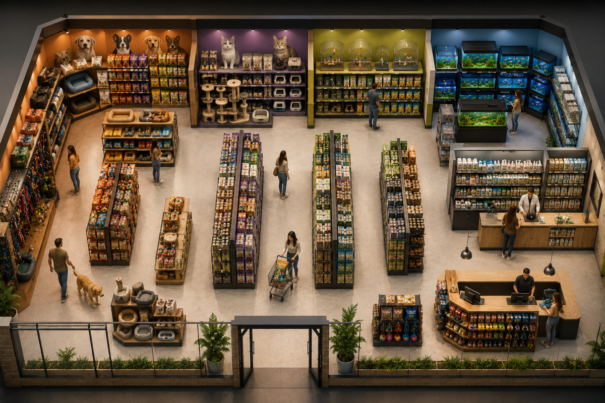 Vista isométrica de um pet shop com setores organizados para cães, gatos, aves, aquários, medicamentos e checkout.