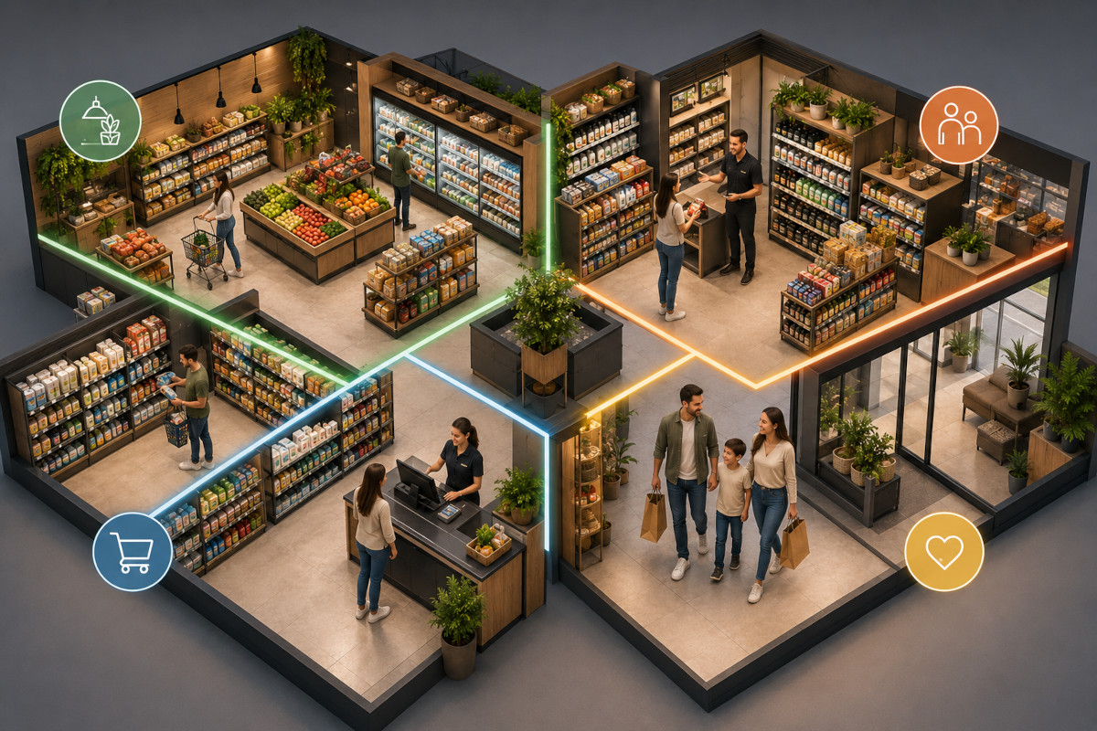 Ilustração isométrica mostrando os quatro pilares da experiência do cliente no varejo: ambiente, atendimento, facilidade e emoção.
