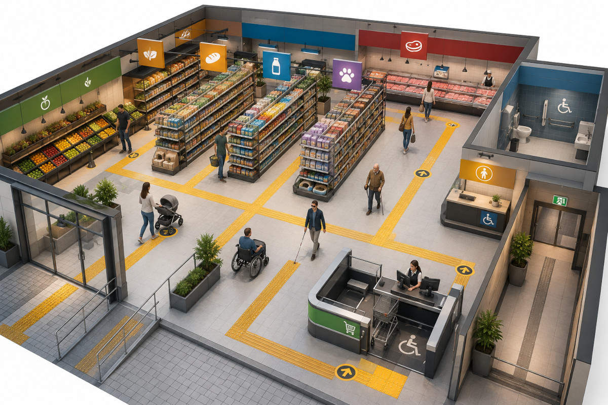 Vista isométrica de um supermercado com rota acessível, piso tátil, corredores amplos, gôndolas organizadas, caixa acessível, banheiro adaptado e clientes com diferentes perfis circulando com autonomia.